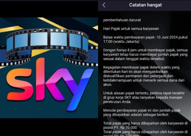 Pengumuman dari Aplikasi Penghasil uang SKY tentang penarikan Pajak.