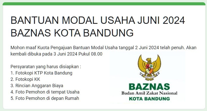 Link Pendaftaran bantuan Pendidikan dan modal usaha Baznas Kota Bandung.