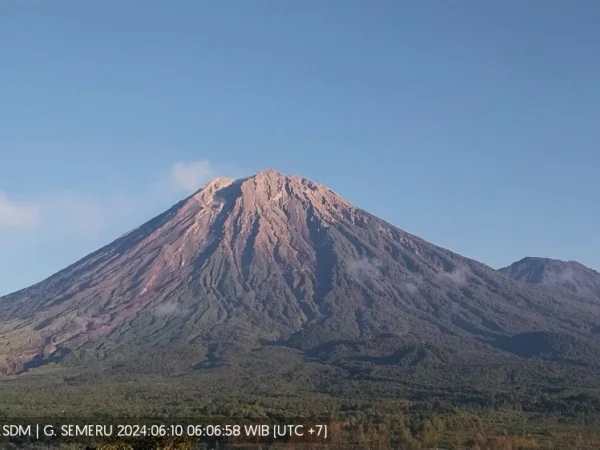 Gunung Semeru mengalami erupsi yang disertai guguran lava pijar terlihat melalui pantauan CCTV Minggu (9/6/2024). (HO PVMBG)