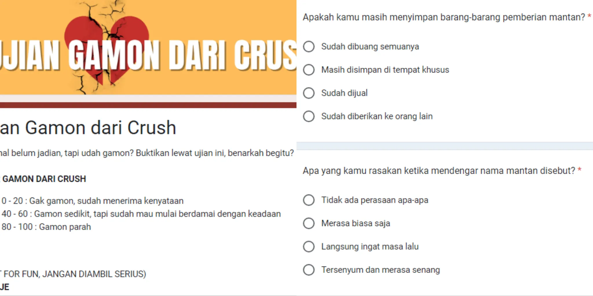 Ujian Gamon dari Crush dan Mantan via Google Form/ Kolase Google Form