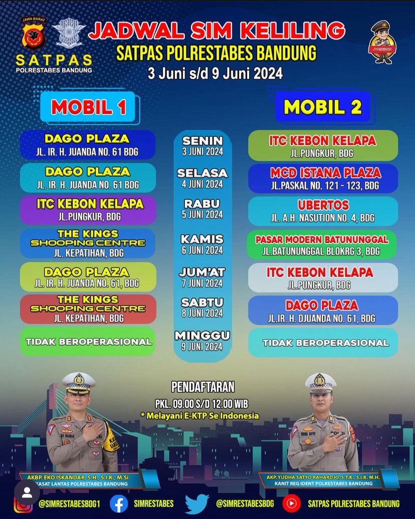 Jadwal SIM Keliling Kota Bandung Saat Ini (Periode: 3 – 9 Juni 2024) (Ig: @simrestabesbdg1)