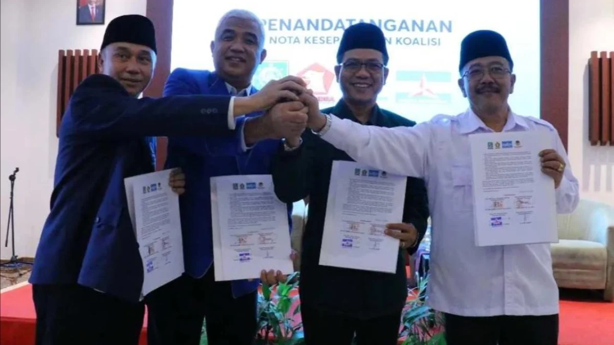 Empat partai yakni Nasdem, Demokrat, PKB dan Gerinda melakukan penandatanganan nota kesekapakatan koalisi untuk mengusung Dadang Supriatna dalam Pilkada 2024. Foto Istimewa