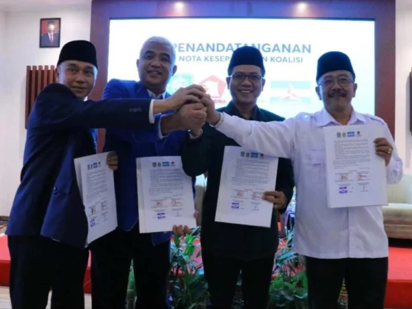 Empat partai yakni Nasdem, Demokrat, PKB dan Gerinda melakukan penandatanganan nota kesekapakatan koalisi untuk mengusung Dadang Supriatna dalam Pilkada 2024. Foto Istimewa