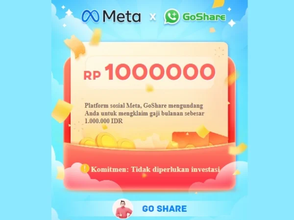 Tampilan Website aplikasi Go Share yang menjanjikan gaji sampai Rp1 juta untuk anggotanya.