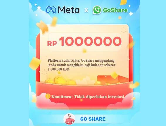 Tampilan Website aplikasi Go Share yang menjanjikan gaji sampai Rp1 juta untuk anggotanya.