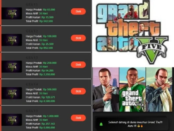 Aplikasi Investasi GTA V yang diduga telah scam.