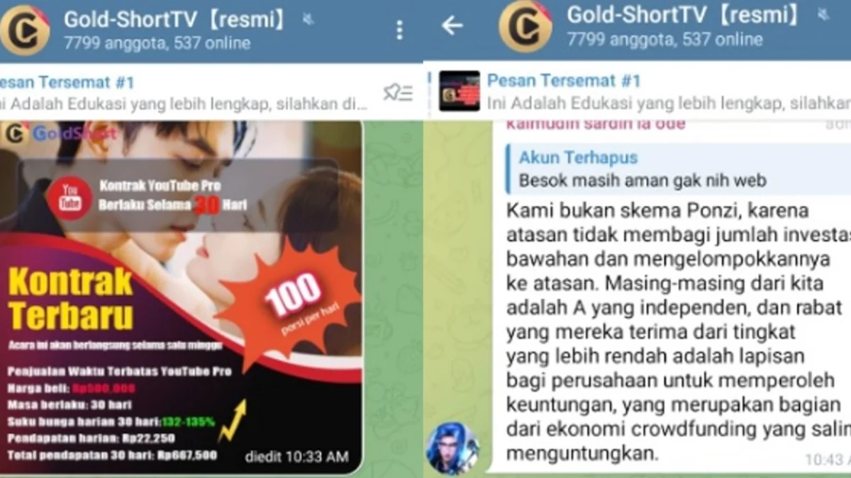 Pengumuman di aplikasi Goldshort yang mengklaim bukan skema ponxi.