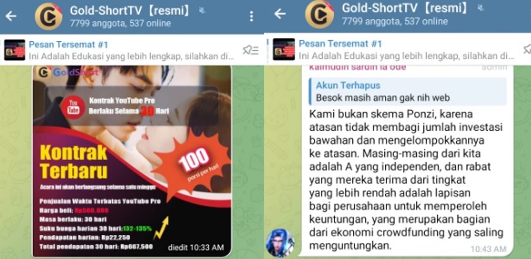 Pengumuman di aplikasi Goldshort yang mengklaim bukan skema ponxi.