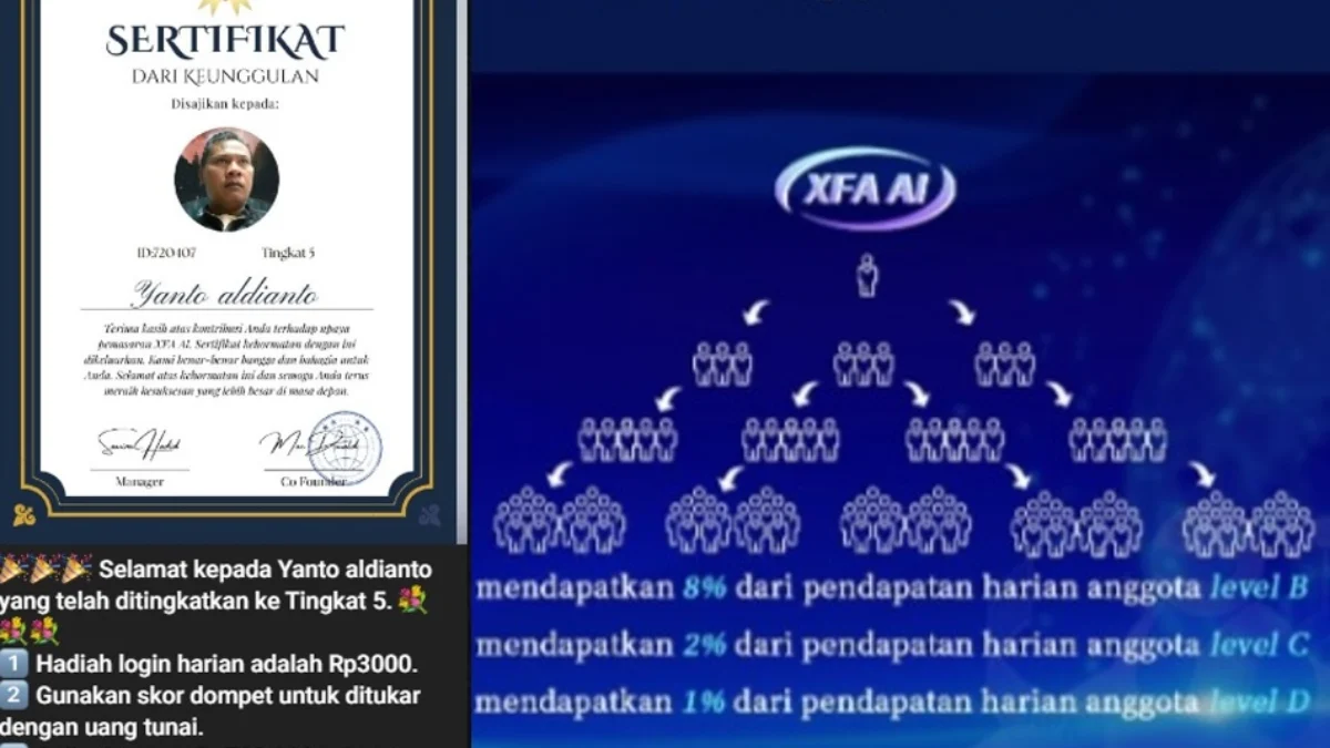 Salah satu sertifikat anggota Apliaksi XFA AI yang berhasil deposit kenaikan level.