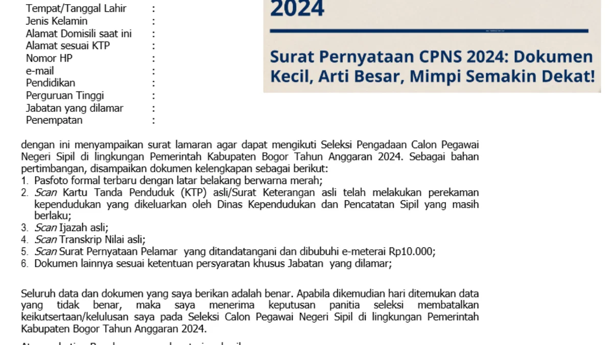 Link For,mat Surat Pernyataan CPNS 2024 IKN hingga Kabupaten