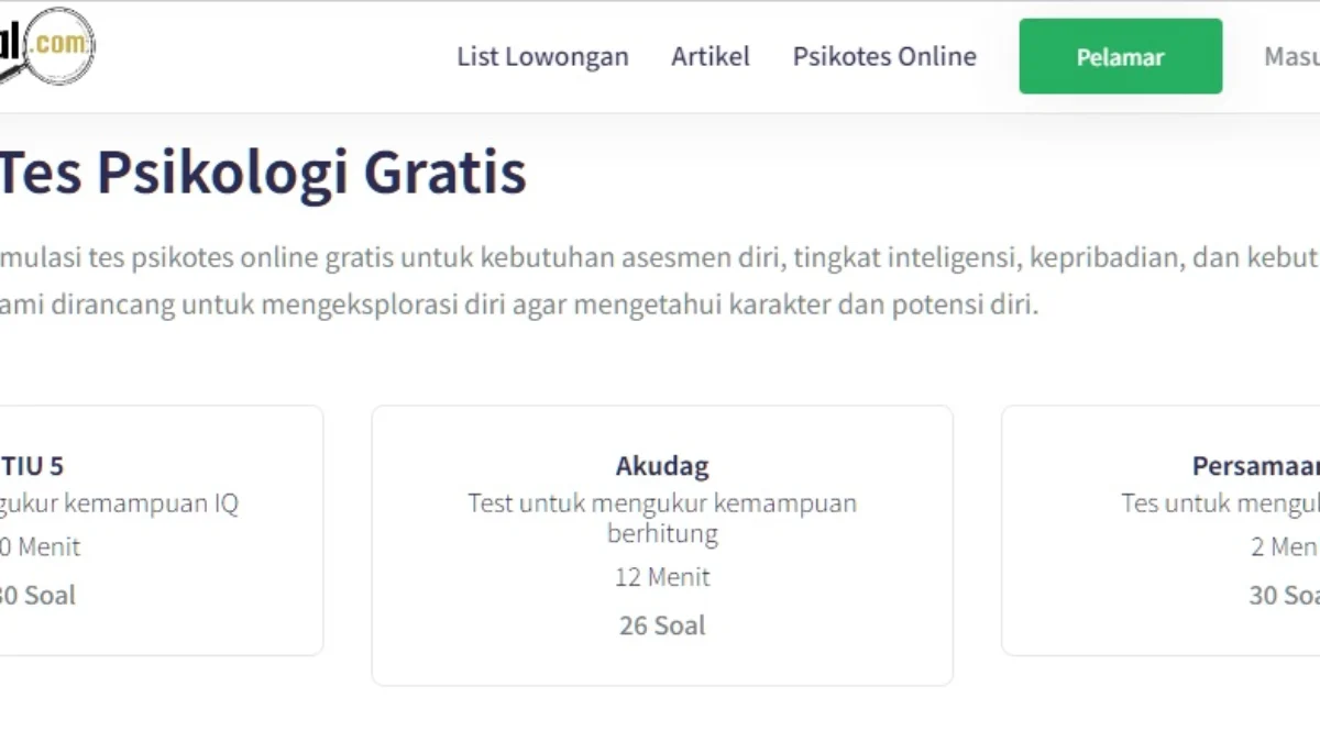 Link tes ujian Psikologi online gratis.