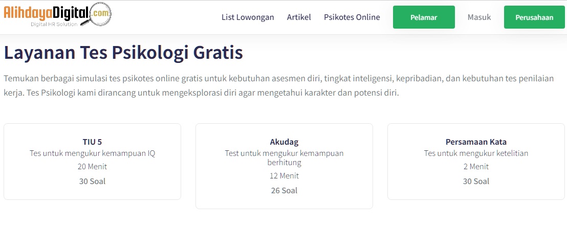 Link tes ujian Psikologi online gratis.