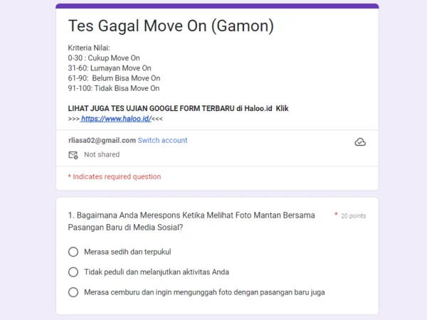 Link Tes Ujian GAMON Google Form Terbaru 2024 VIRAL TikTok, Segagal Itukah Kamu Move On dari Mantan?