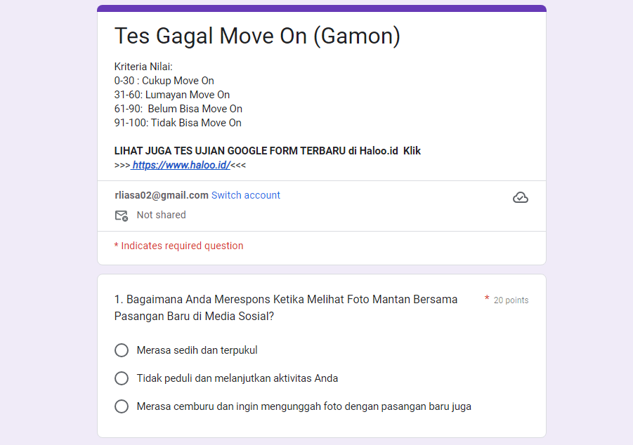 Link Tes Ujian GAMON Google Form Terbaru 2024 VIRAL TikTok, Segagal Itukah Kamu Move On dari Mantan?