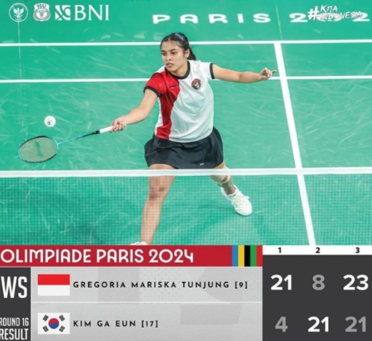 Gregoria Mariska Tunjung berhasil memenangkan pertandingan di babak 16 besar Olimpiade Paris 2024. (badminton.ina)