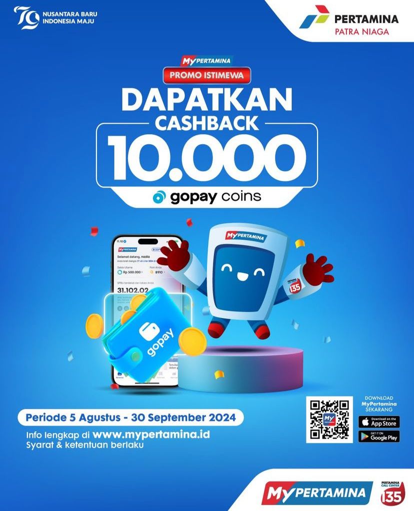 Promo HUT RI Ke-79, MyPertamina Memberikan Cashback Rp 10.000 GoPay Coins! (Instagram: @mypertamina)