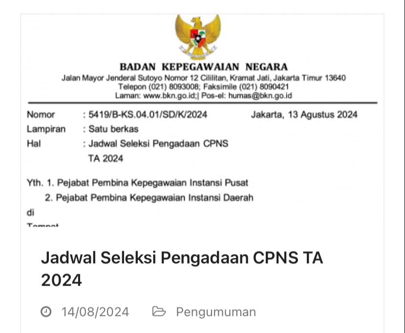 RESMI! Jadwal Seleksi Pendaftaran Calon Pegawai Negeri Sipil (CPNS) TA 2024