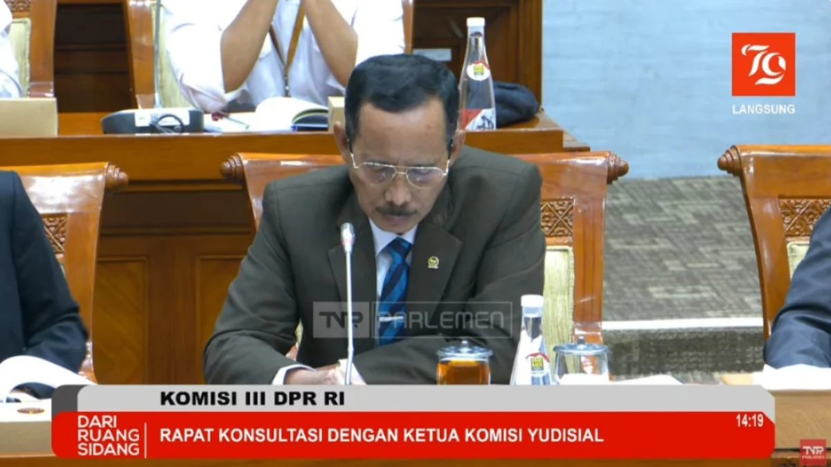 Ketua Bidang Pengawasan Hakim dan Investigasi Joko Sasmito dalam rapat konsultasi Komisi III DPR RI dengan Ketua Komisi Yudisial. (TVR Parlemen)