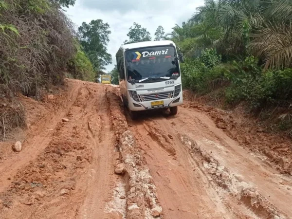 Ilustrasi: Satu unit kendaraan bus tengah melaju melintasi trek jalan yang berlumpur. (Wakil Ketua MTI, Djoko Setijowarno for Jabar Ekspres)