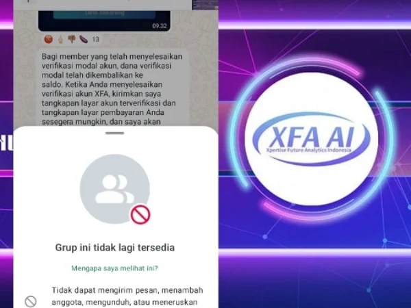 Grup WhatsApp Aplikasi XFA AI yang kini sudah menghilang.