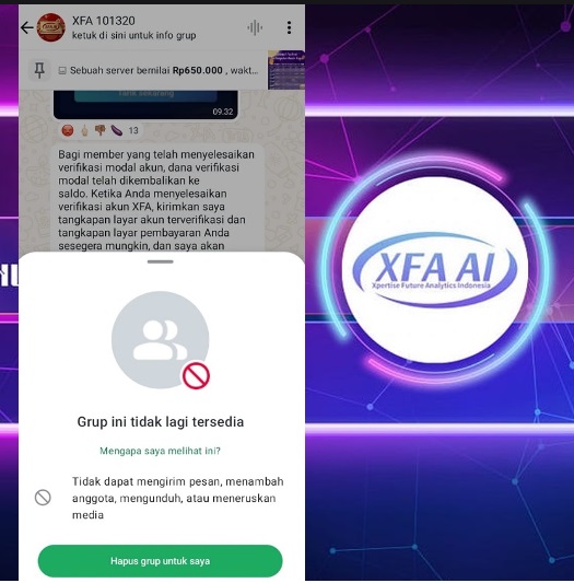 Grup WhatsApp Aplikasi XFA AI yang kini sudah menghilang.