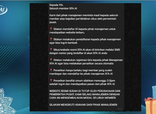 Pengumuman dari pihak yang mengaku managemen XFA AI.