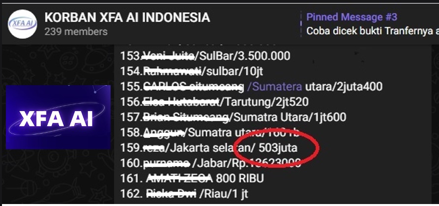 Salah satu korban XFA AI yang mengalami kerugian hingga Rp503 Juta.