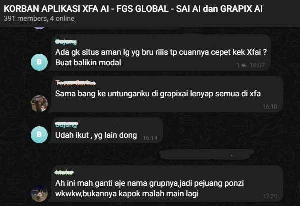 Obrolan para korban XFA AI yang mencari aplikasi ponzi baru.