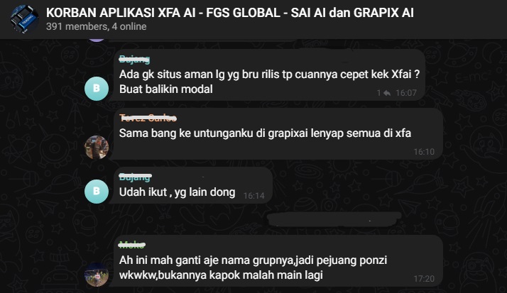 Obrolan para korban XFA AI yang mencari aplikasi ponzi baru.