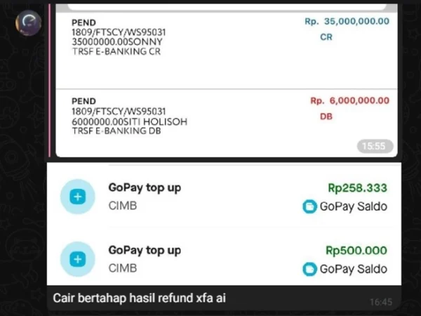 Bukti refund dana dari aplikasi XFA AI