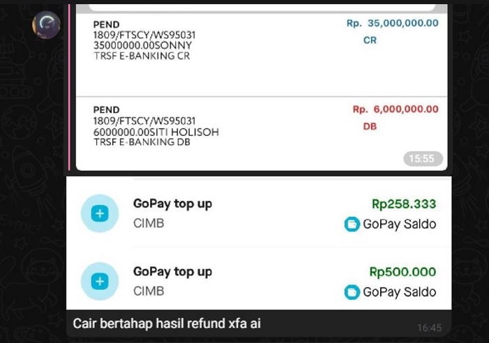 Bukti refund dana dari aplikasi XFA AI