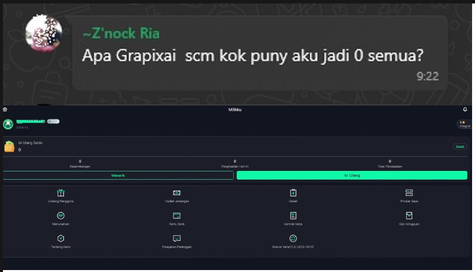 Tanda-tanda Aplikasi Grapix Ai bakal Scam, karena Saldo di Aplikasi tiba-tiba nol.