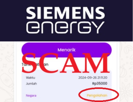 Aplikasi Siemens Energy yang sudah menunjukkan bukti scam.