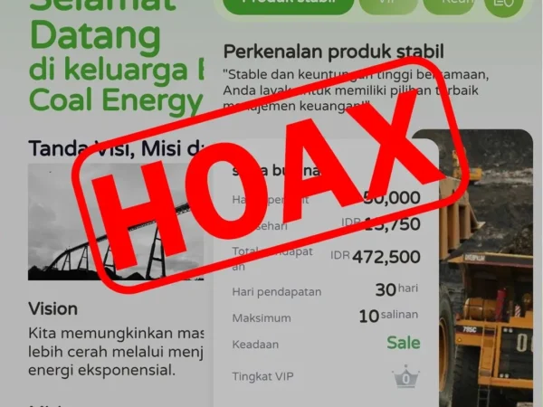 Kasus penipuan digital yang mengatasnamakan Berau Coal semakin marak. Ternyata, aplikasi investari Berau Coal Energi adalah hoax/scam. (foto: facebook/beraucoal)