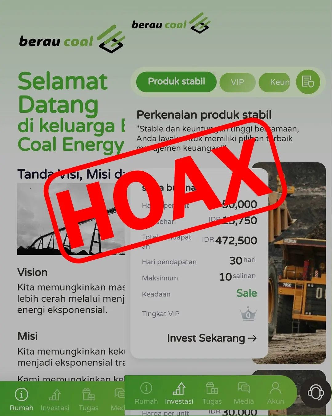 Kasus penipuan digital yang mengatasnamakan Berau Coal semakin marak. Ternyata, aplikasi investari Berau Coal Energi adalah hoax/scam. (foto: facebook/beraucoal)