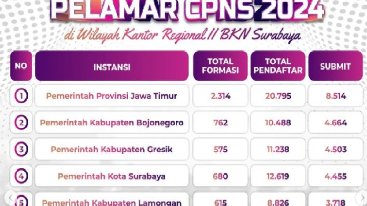 Data Statistik Sementara Pelamar CPNS 2024 di Jawa Timur/ Tangkap Layar Instagram @bkn2surabaya