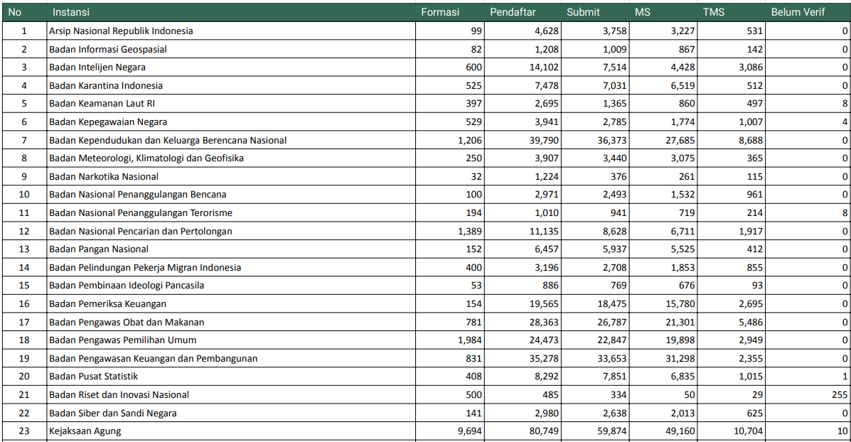 Data Statistik Pelamar CPNS 2024 Semua Instansi/ Dok. BKN