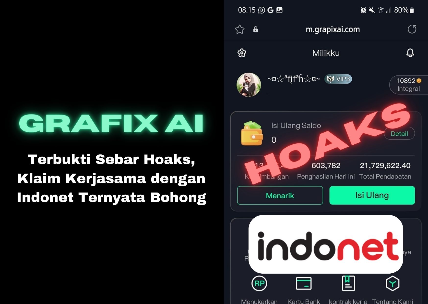 Indonet membantah klaim kerjasama dengan Grafix AI, sebut informasi tersebut sebagai hoaks.