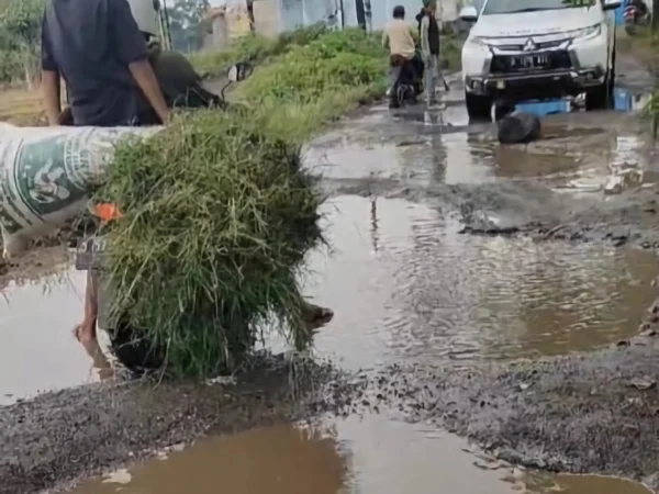 Kendaraan roda empat milik anggota DPRD Kabupaten Sumedang dari Fraksi Golkar, Sonia Sugian yang terhenti saat melintasi Jalan Desa Raharja, Kecamatan Tanjungsari yang kondisinya rusak. (Istimewa)