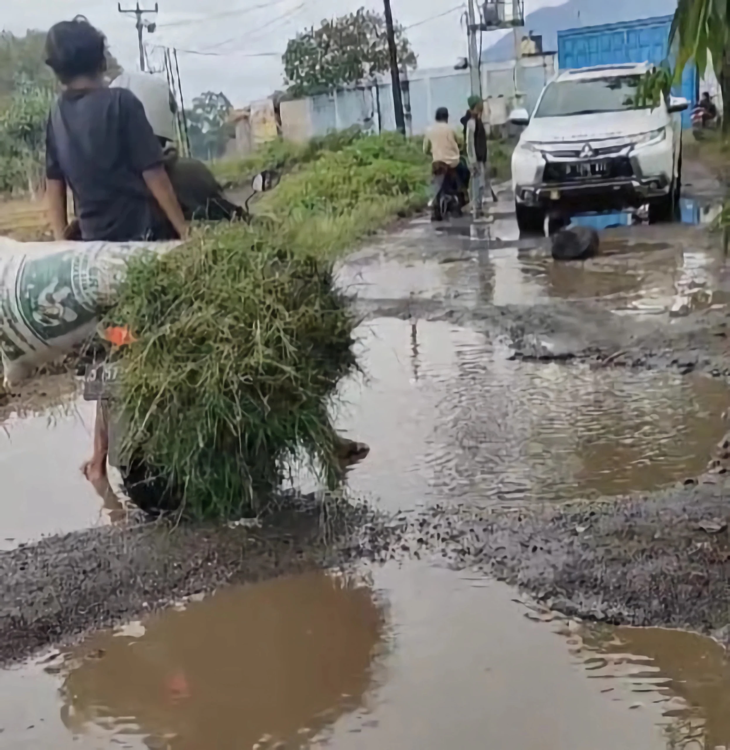 Kendaraan roda empat milik anggota DPRD Kabupaten Sumedang dari Fraksi Golkar, Sonia Sugian yang terhenti saat melintasi Jalan Desa Raharja, Kecamatan Tanjungsari yang kondisinya rusak. (Istimewa)