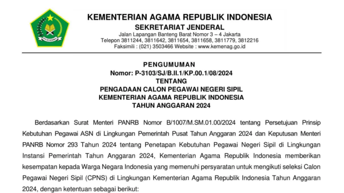 PDF CPNS Kemenag 2024/ Tangkap Layar kemenag.go.id