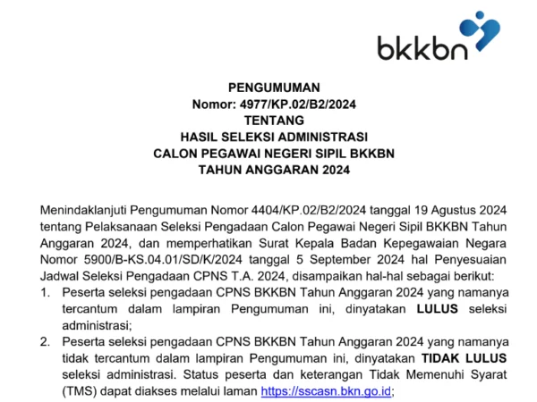 Pengumuman Hasil Administrasi CPNS BKKBN 2024/ Dok. BKKBN