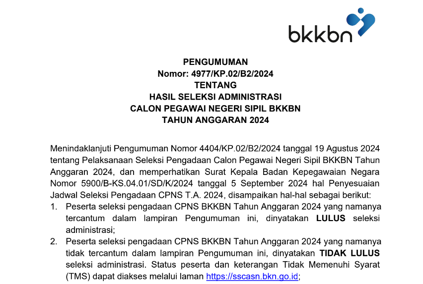 Pengumuman Hasil Administrasi CPNS BKKBN 2024/ Dok. BKKBN