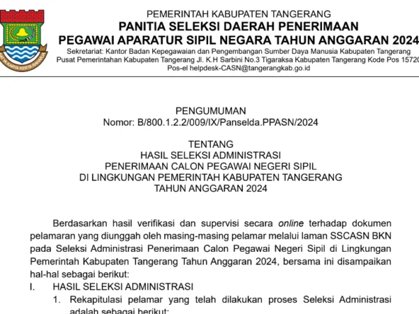 PDF Pengumuman Hasil Administrasi CPNS Pemerintah Kabupaten Tangerang 2024/ Dok. tangerangkab.go.id