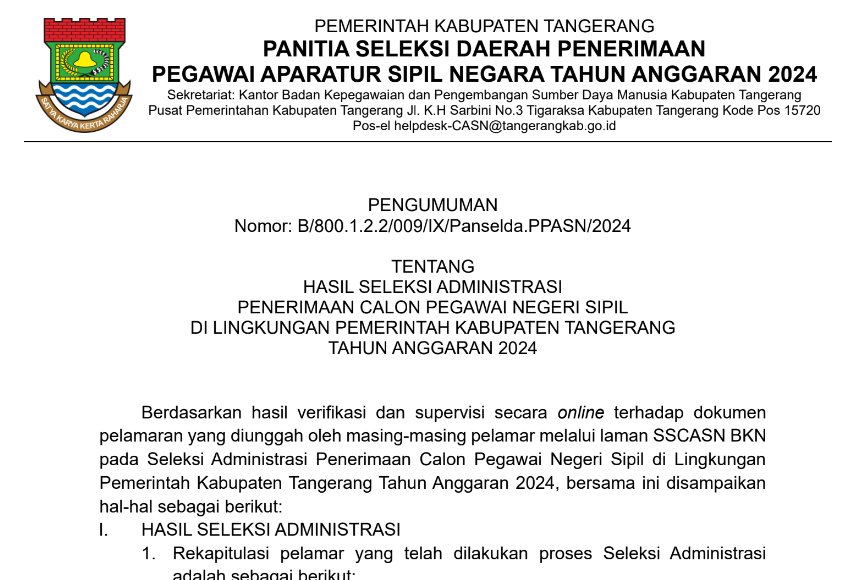 PDF Pengumuman Hasil Administrasi CPNS Pemerintah Kabupaten Tangerang 2024/ Dok. tangerangkab.go.id