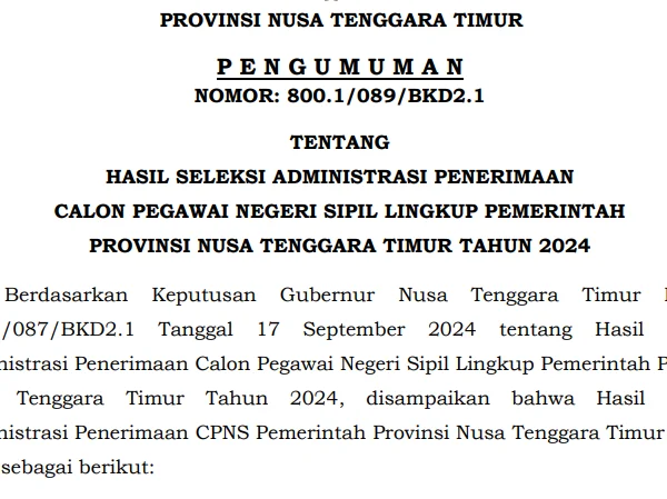 Pengumuman Administrasi CPNS Pemprov NTT 2024/ Dok. bkd.nttprov.go.id