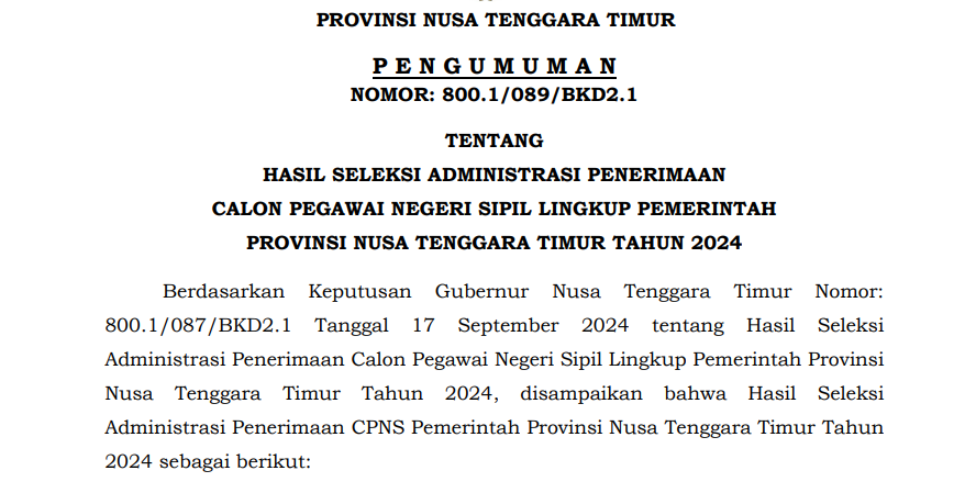 Pengumuman Administrasi CPNS Pemprov NTT 2024/ Dok. bkd.nttprov.go.id