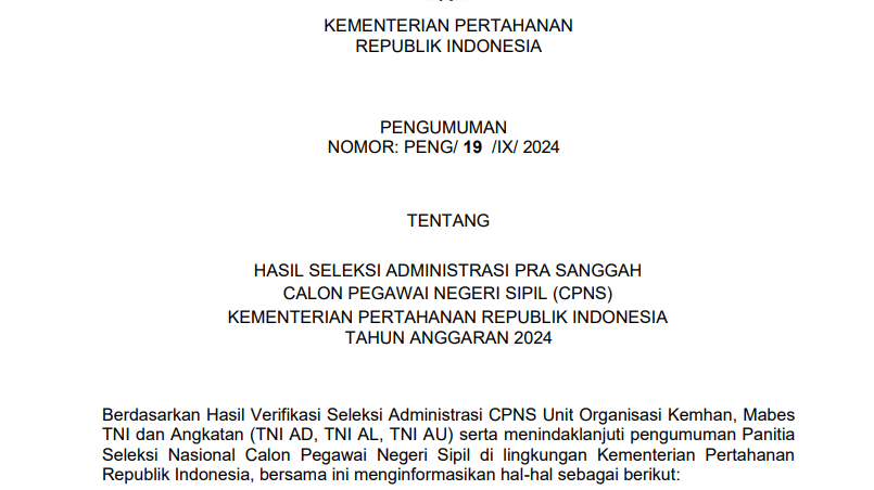 Pengumuman Hasil Administrasi CPNS Pra-Sanggah Kemhan 2024/ Dok. kemhan.go.id/ropeg