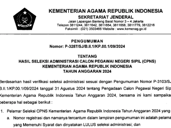 Pengumuman Hasil Seleksi Administrasi CPNS KEMENAG 2024/ Dok. Kemenag