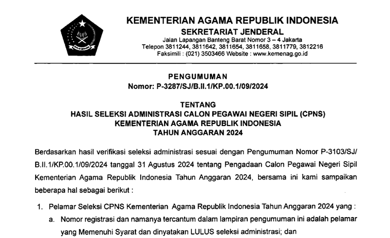 Pengumuman Hasil Seleksi Administrasi CPNS KEMENAG 2024/ Dok. Kemenag